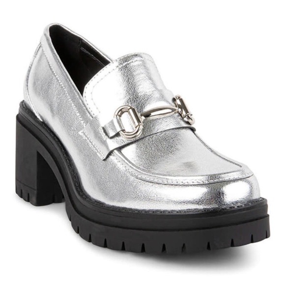 Steve Madden Shoes - Steve Madden Bessa Silver Platform Loafers Size 39 Vegan Leather Chunky Heel
